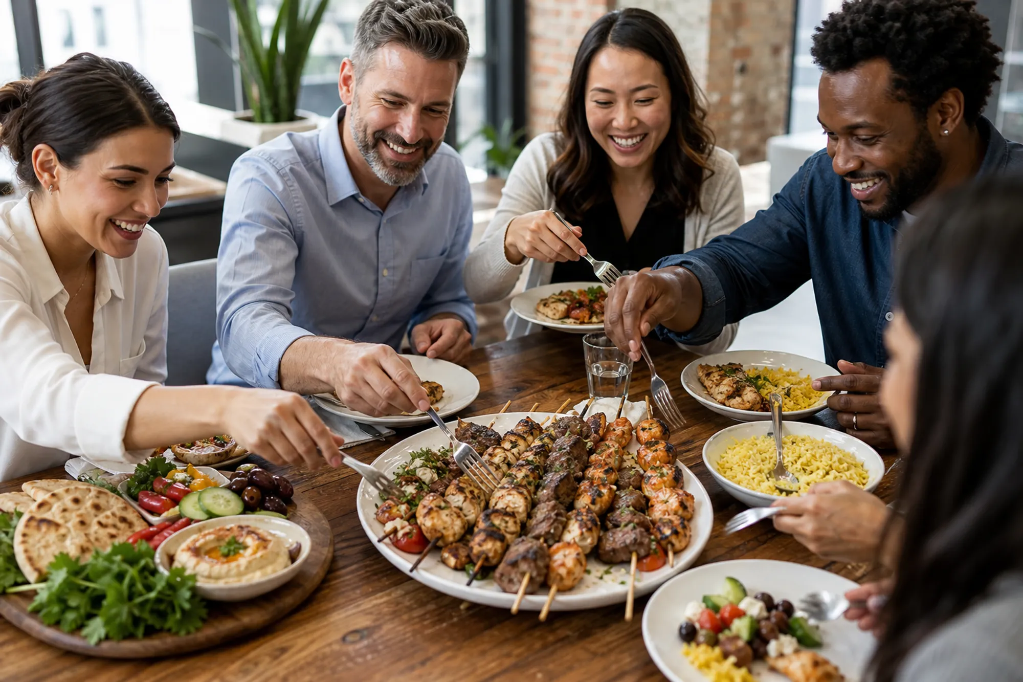 Coworkers gathered around a Mediterranean kabob catering spread from Ikaria Kitchen