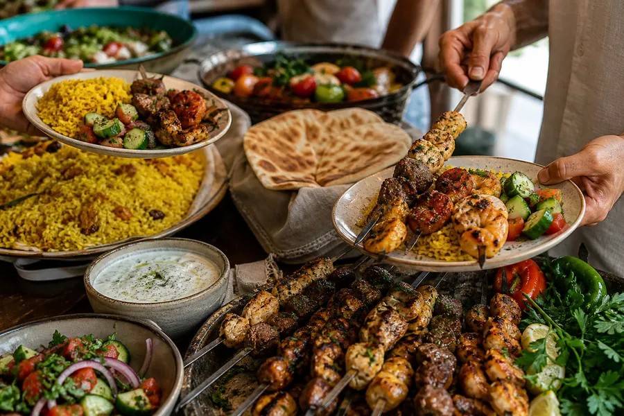 Serving fire-grilled kabobs at an Ikaria Kitchen catering spread
