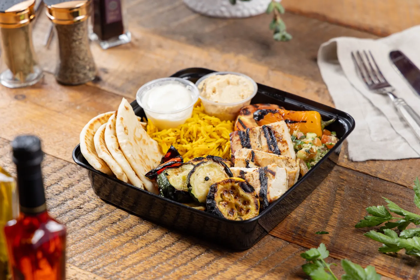 Vegan tofu kabob plate from Ikaria Kitchen